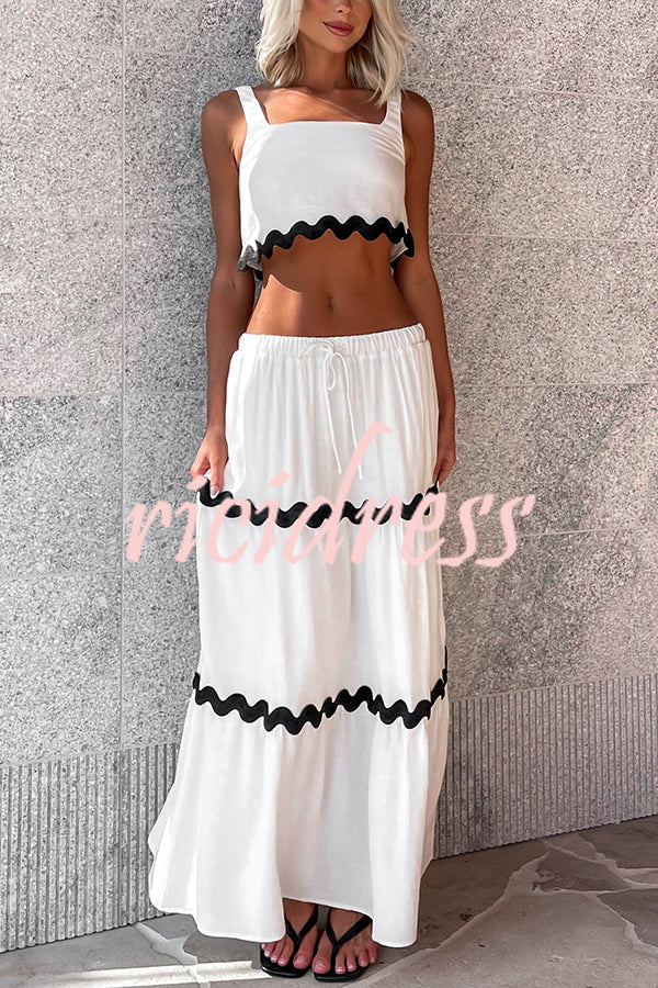 Napa Ric Rac Trims Sleeveless Crop Tank and Drawstring Elastic Waist Pocket Maxi Skirt