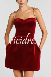 Harley Luxurious Velvet Fabric Jewel-embellished Shoulder Straps Pocket Tulip Mini Dress