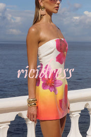 Beach Club Sequin Unique Flowers Print Strapless Stretch Mini Dress