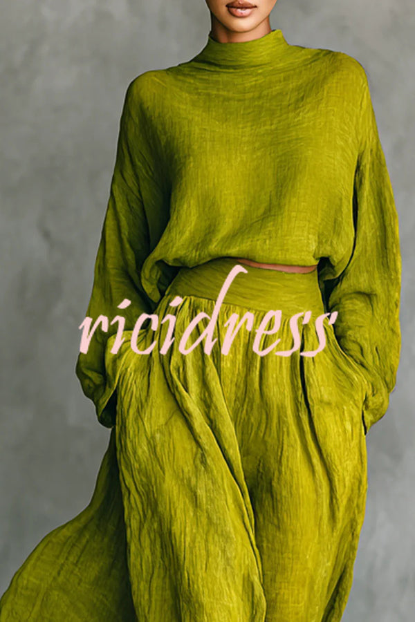 Linen Blend Solid Color Loose Long-sleeved Top and High-waisted Casual Pocket Maxi Skirt Set