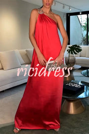 Charming Glance Satin Metal Hardware One Shoulder Loose Maxi Dress