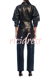 Pop of Brown Faux Leather Double Zipper Detail Balloon Sleeve Lapel Jacket