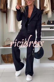 Fashion Lace Panel Long-sleeved Crop Top and Elastic Waist Tie Pocket Casual Pants Set