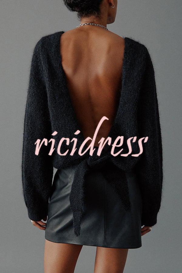 Chunky Season Knit Mohair-blend Long Sleeve Open Back Knot Design Loose Sweater