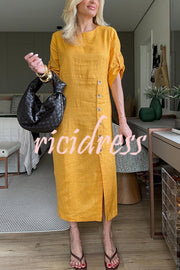 Ultra-comfortable Linen Blend Half Sleeve Front Button Detail Relaxed Pocket Midi Dress