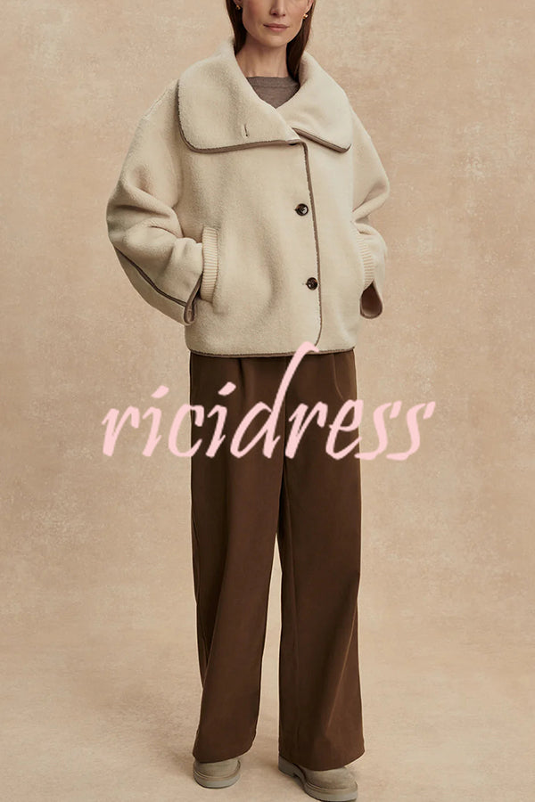 Romane Faux Fleece Fabric Contrast Trim Long Sleeve Knitted Pocket Lapel Loose Jacket