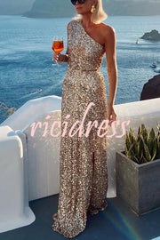 Santorini Night Sequin Fabric One Shoulder Slit Maxi Dress