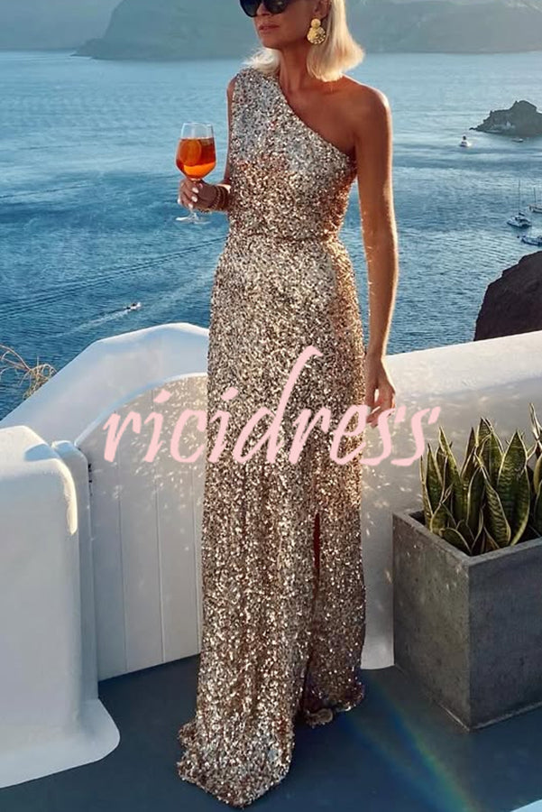 Santorini Night Sequin Fabric One Shoulder Slit Maxi Dress