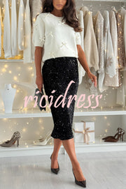 Light The Night Velvet Sequin High Rise Elastic Waist Pencil Slit Midi Skirt