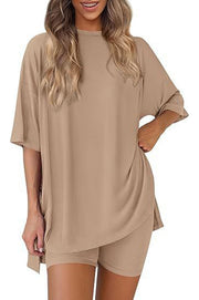 Solid Color Loose Short-sleeved Top and Stretch Casual Shorts Set
