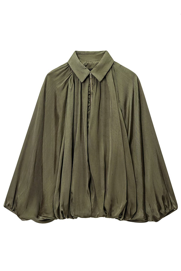Fashion Lapel Loose Puff Long Sleeve Casual Zipper Jacket