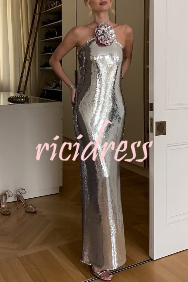 Moonlit Blooms Sequin Floral-appliqué Halter Neck Slit Gown Maxi Dress