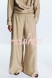 Juliette Cross-front Button Up Long Sleeve Shirt and Elastic Waist Pocket Loose Pants Set