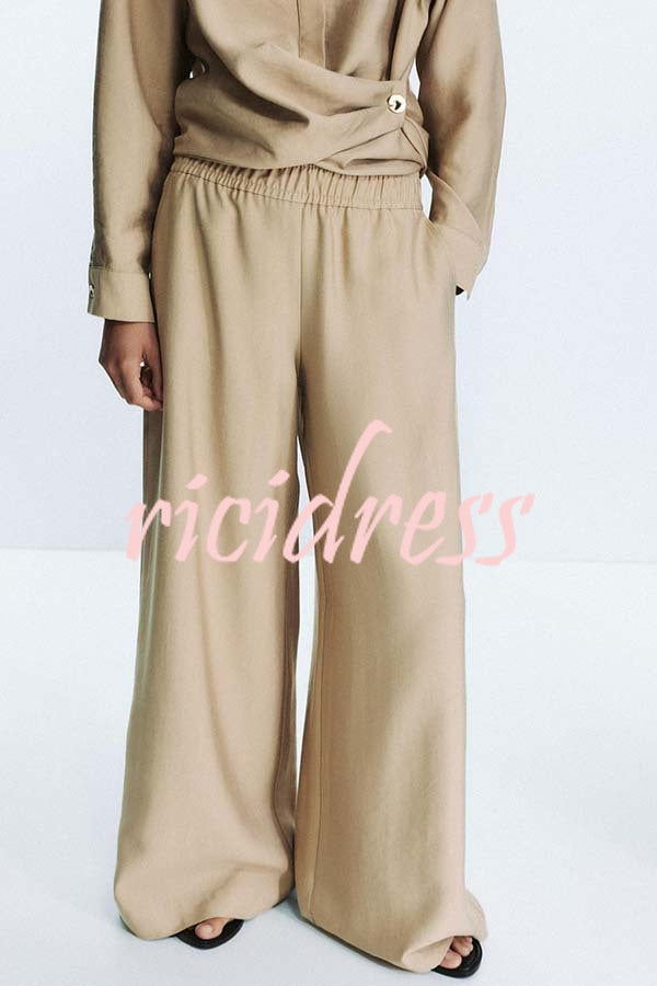 Juliette Cross-front Button Up Long Sleeve Shirt and Elastic Waist Pocket Loose Pants Set