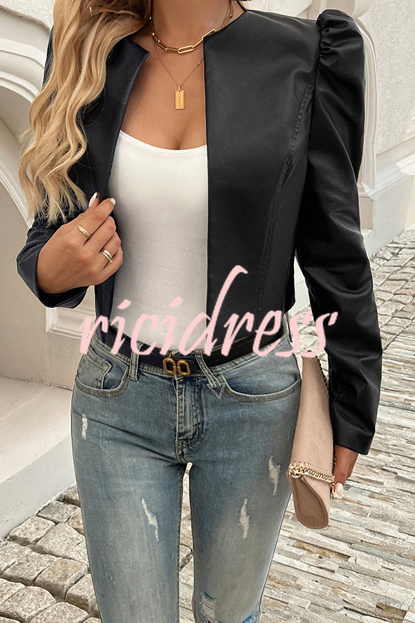 Yelissa Faux Leather Statement Long Sleeve Open Front Crop Jacket