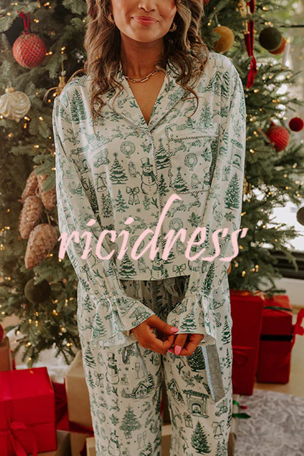 Christmas Night Satin Loose Shirt and Elastic Waist Pocketed Pajama Set
