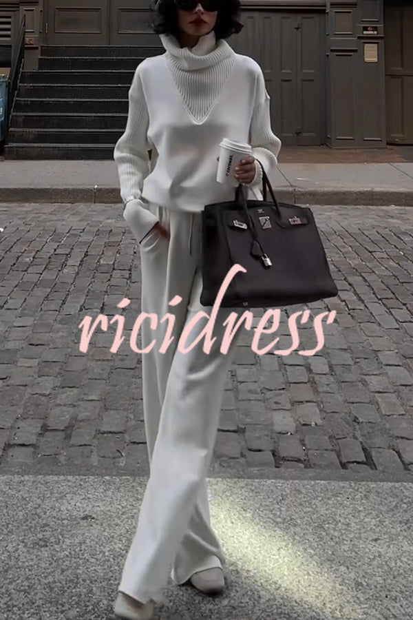 Morning Coffee Walks Ribbed Turtleneck Long Sleeve Sweatshirt and Elastic Waist Pocketed Loose Pants Set