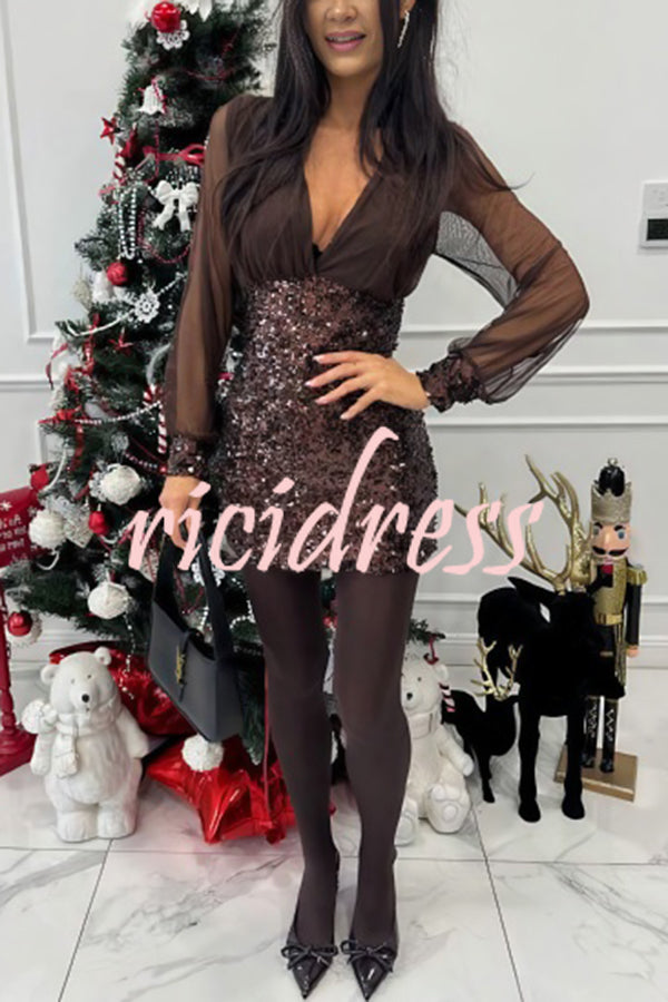 Whisper and Wine Sheer Tulle Sequin Patchwork V-neck Long Sleeve Mini Dress
