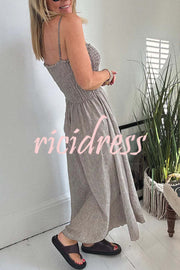 Solid Color Casual Short Jacket and Suspender Pleated Maxi Dress Set