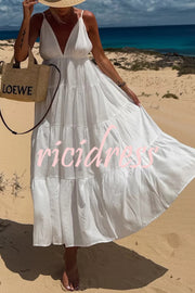Bohemian Style V-neck Backless Slip Layered Vacation Maxi Dress
