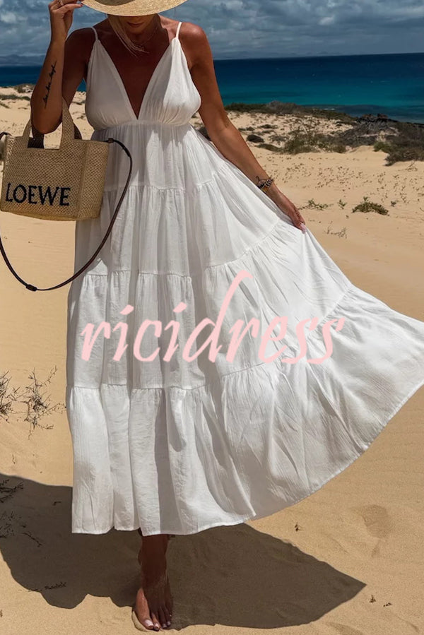 Bohemian Style V-neck Backless Slip Layered Vacation Maxi Dress