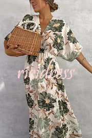 Floral Print V-neck Short Sleeve Waist Loose Full Hem Maxi Dress
