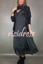 Fashionable V-neck Suspender Lace Splicing Casual Midi Dress