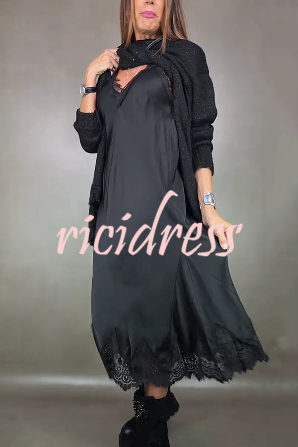 Fashionable V-neck Suspender Lace Splicing Casual Midi Dress