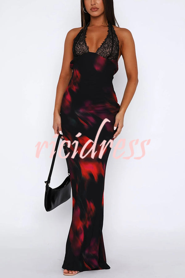 Fashion Printed Halter Neck Backless Lace-Up Sexy Slim Maxi Dress