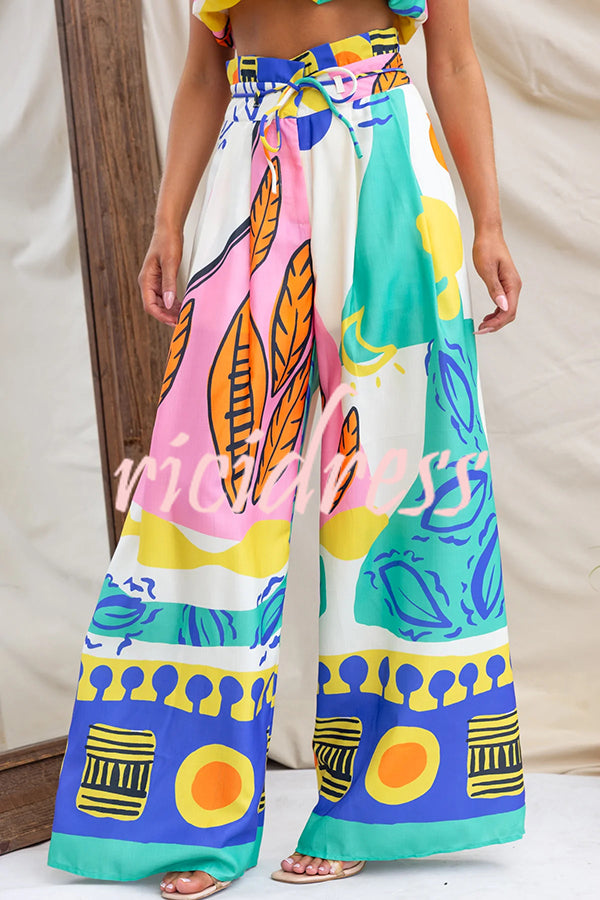 Maison Linen Blend Unique Print High Neck Top and Elastic Tie-up Waist Pocket Wide Leg Pants Set