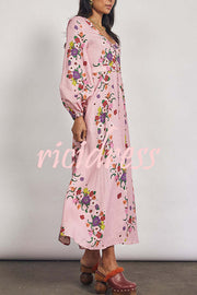 Garden Party Linen Blend Floral Print Button Balloon Sleeve Pocketed Maxi Dress