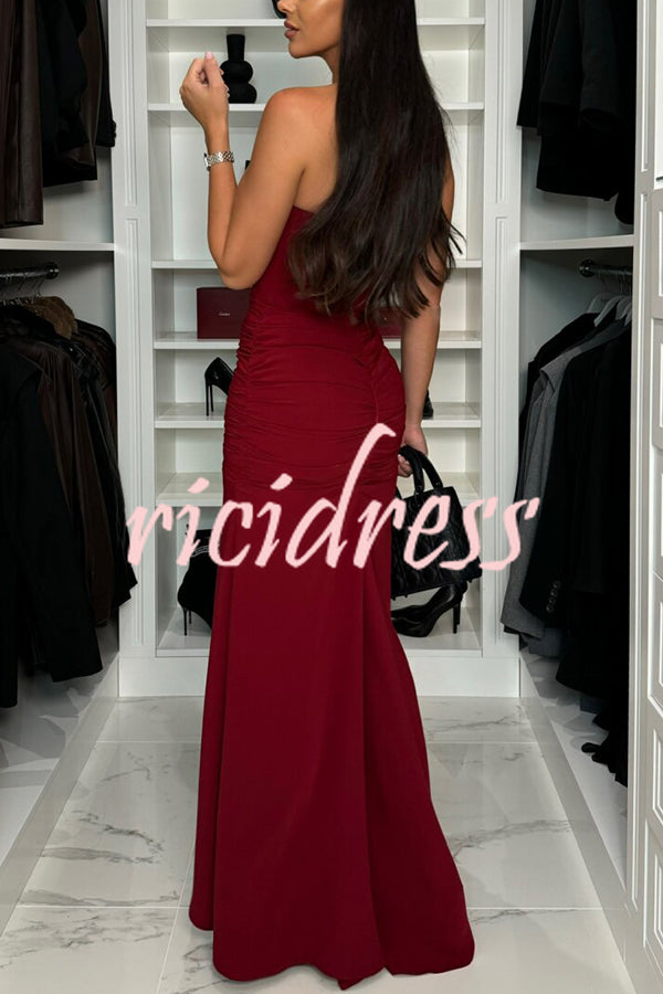 Miami Date Night Off Shoulder Drape Ruched High Slit Party Maxi Dress