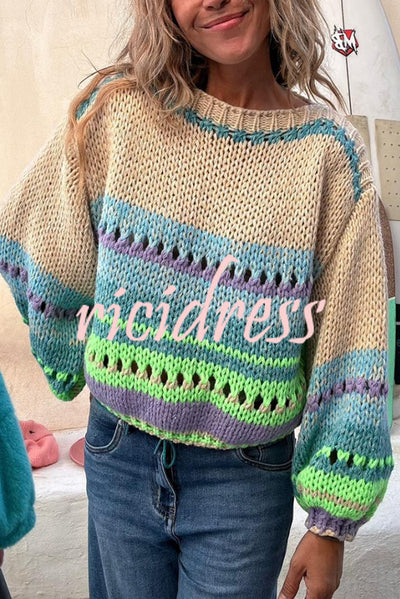 Rainbow Mood Multicolor Round Neck Hollow Long Sleeve Knitted Sweater