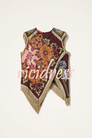 Stunning Floral Print Asymmetric Tassel Trim Scarf Top