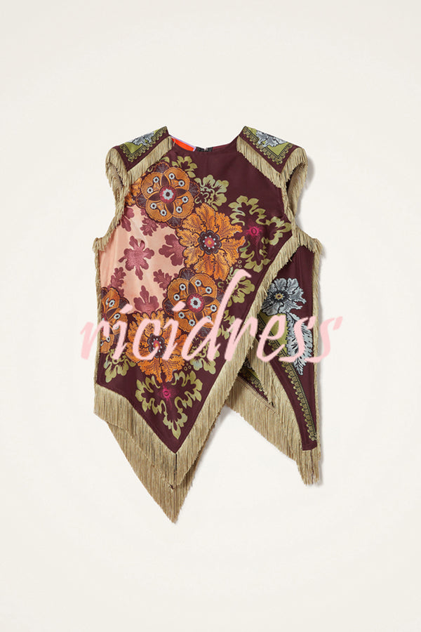 Stunning Floral Print Asymmetric Tassel Trim Scarf Top