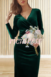 Solid Color Velvet Long Sleeve V-neck Slim Fit Fishtail Maxi Dress