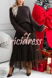 Party Daydream Sequin Tulle High Rise Elastic Waist Maxi Skirt