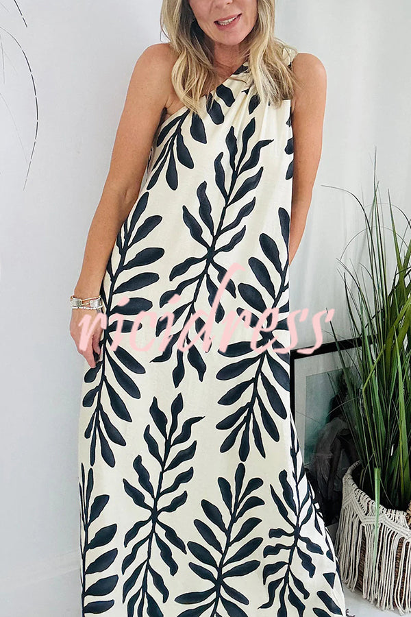 Floral Unique Printed One Shoulder Pocketed Loose Maxi Dress