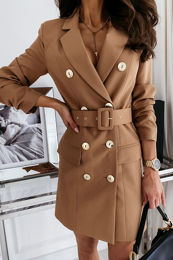 Solid Color Lapel Long Sleeve Button Belt Long Coat