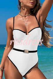 Fashionable Contrast-color Overlock Stretch One-piece Swimsuit