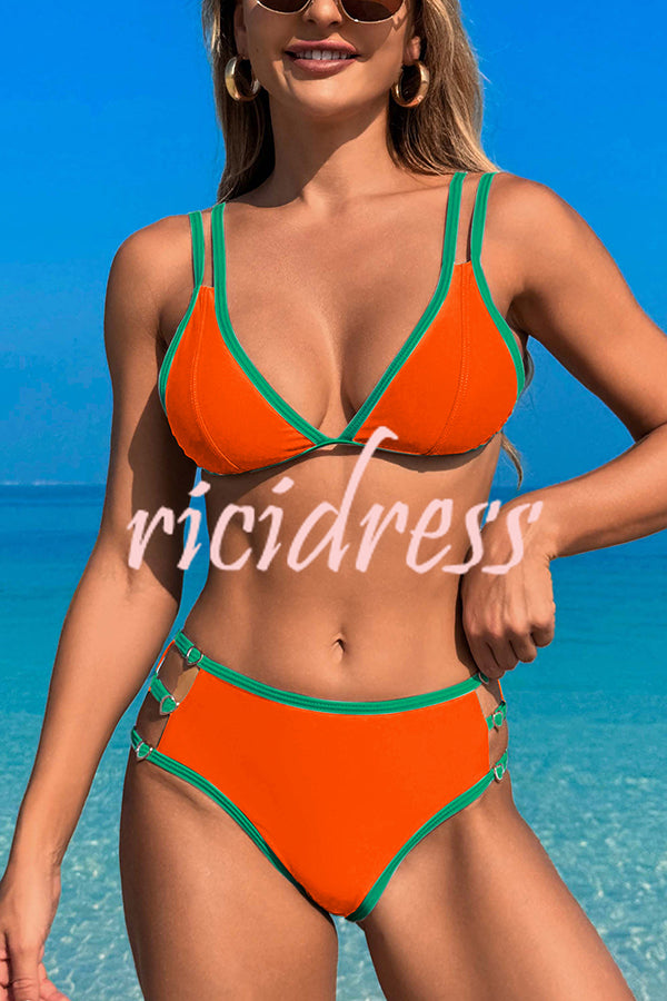 Contrast Color Lace-up Stretch Two-piece Bikini Swimsuit