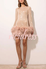 Stylish Sequined Feather Long-sleeved Sexy Backless Mini Dress