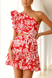 Floral Print One-shoulder Ruffled Waist Cutout Mini Dress