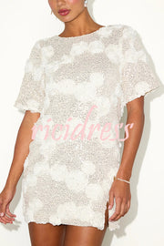 Feeling Exquisite Sequin-embellished Rose Texture Short Sleeve H-line Mini Dress