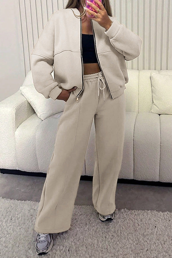 Solid Color Long-sleeved Zip-up Sports Jacket and Casual Elastic Waist Pocket Pants Set