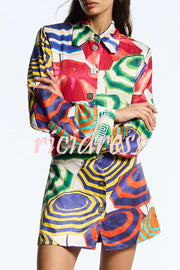Elouise Satin Color Block Art Print Long Sleeve Button Back Elastic Waist H-line Mini Dress