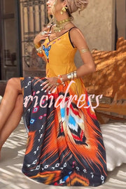 Unique Printed Suspender V-neck Loose Maxi Dress