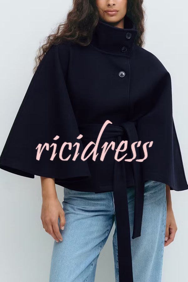 Fashionable Stand Collar Button Waist Tie Loose Cape