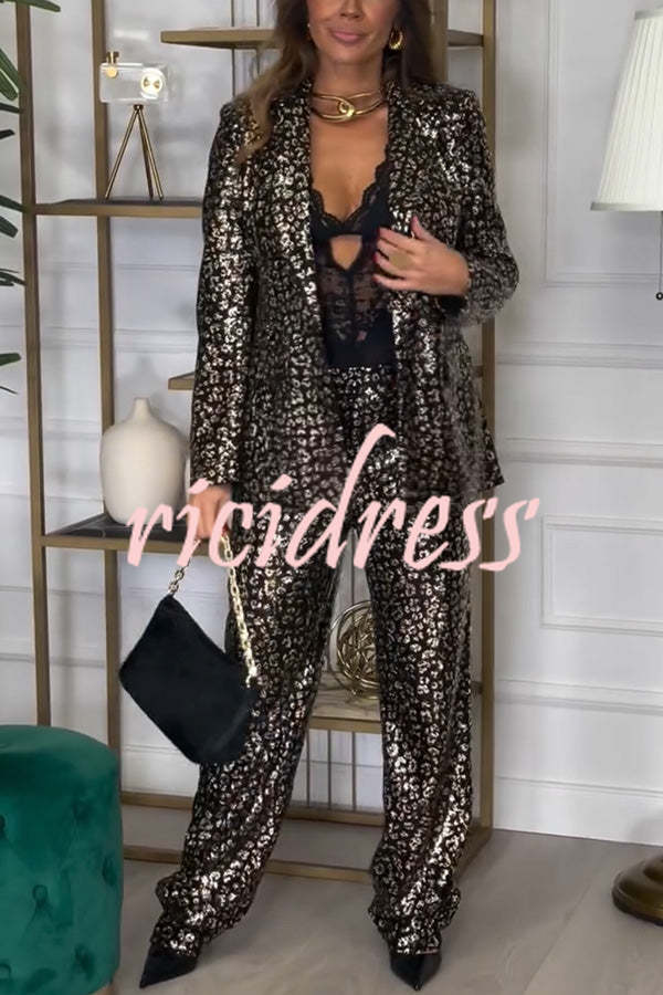 Mona Leopard Metallic Fabric Lapel Boyfriend Blazer and Elastic Waist Pocketed Loose Pants Set