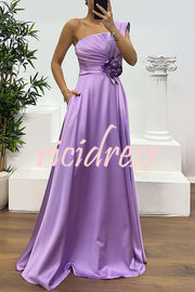 Nasha Satin Pleated One Shoulder Petal Gemstone Detail Pocket Slit Maxi Dress